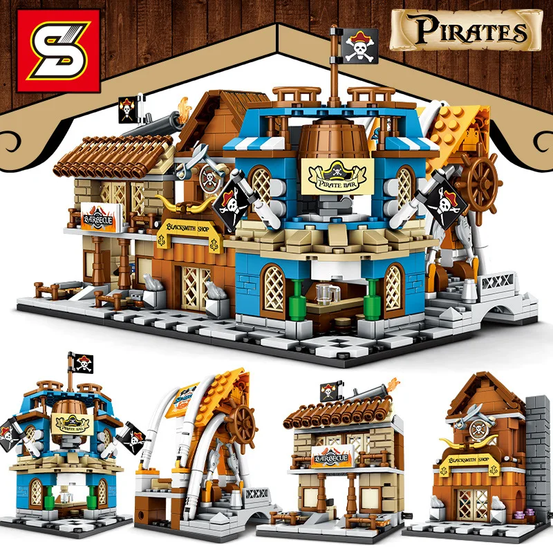 

632pcs 4IN1 Caribbean Town of the Pirates Street View Building Blocks Model Compatible All brands Bricks Toys for Children JM15