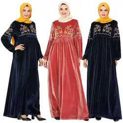 Бархатное теплое мусульманское Женское Платье макси с вышивкой Абая, халат джилбаб, повседневное исламское платье Дубай, арабское