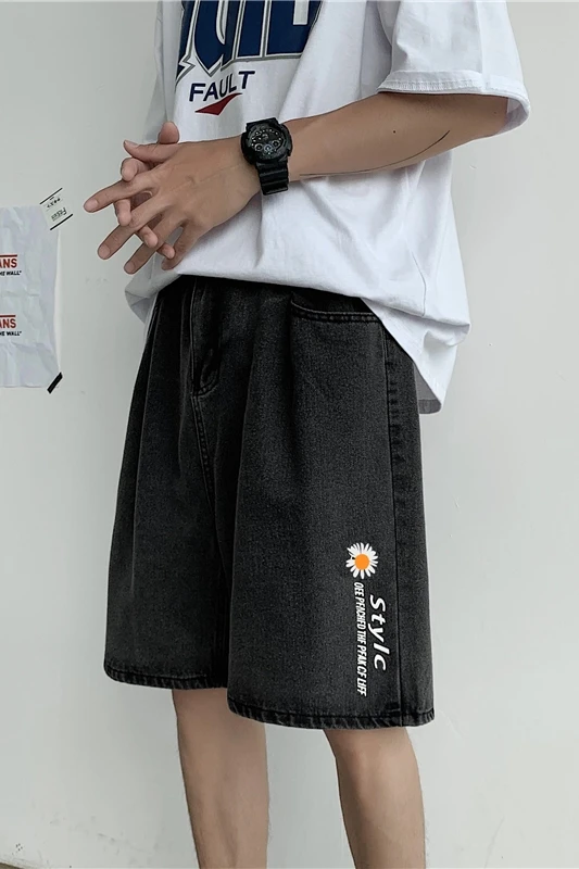 2021 summer denim shorts men's trendy straight baggy pants casual versatile handsome five point pants streetwear gym