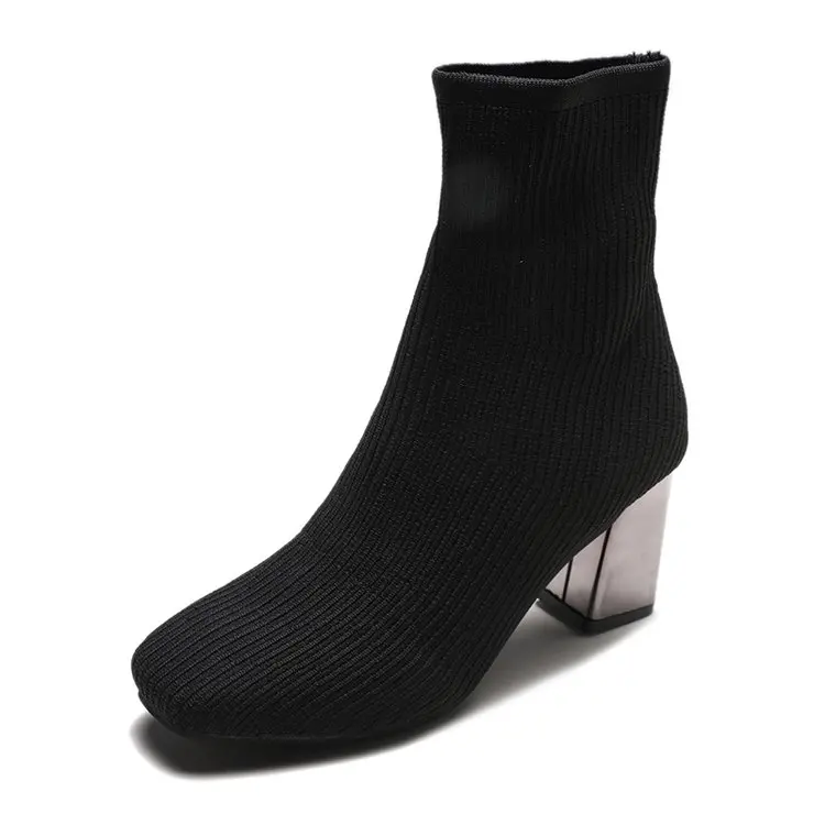 EOEODOIT/7 см; серебристая Полустелька; женские осенние сапоги; Новое поступление; эластичные туфли-лодочки из трикотажной ткани; носки с квадратным носком