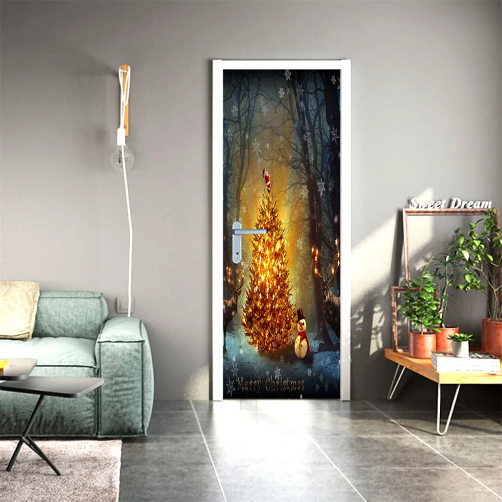 3d Christmas Door Stickers Home Decoration Decals Self-adhesive Door Waterproof Mural Living Room Kids Room Door Decoration