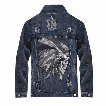 

KIOVNO High Street Ripped Denim Jackets Men's Embroidery Distressed Jeans Jackets Size M-4XL