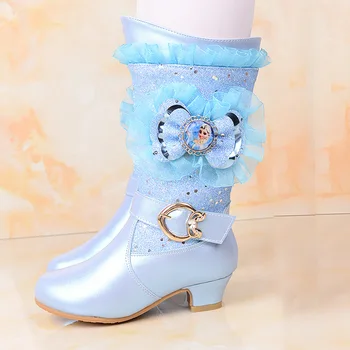 

Disney Children's Frozen Elsa Princess Sequins Warm Cotton Shoes High Heel Snow Boots Cotton Boots Bow