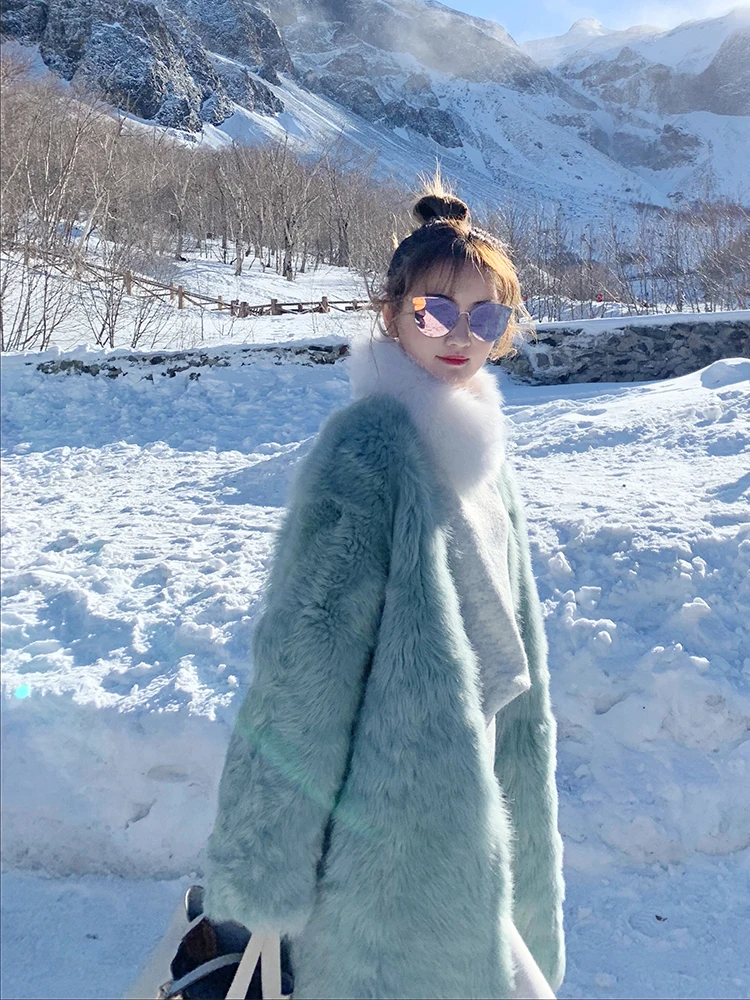 

2019 Autumn & Winter New Fashion Green Artificial Mink Fur Long Loose Over Knee Women Coat Free Shipping Worldwide