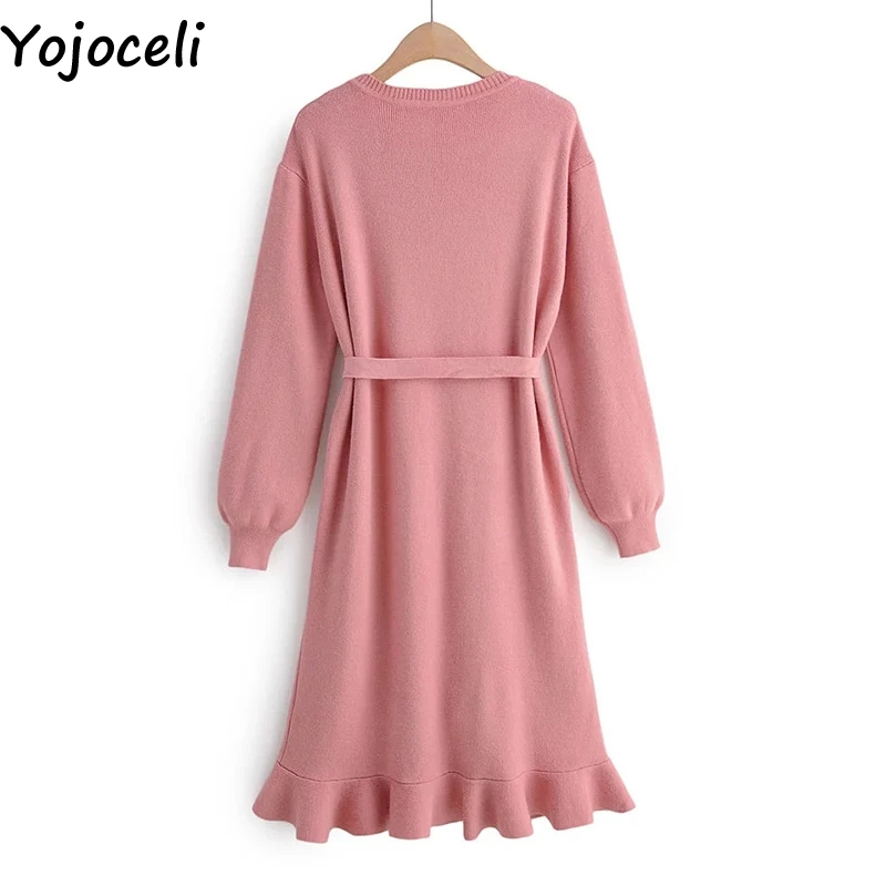 Yojoceli, Элегантное трикотажное женское платье с оборками, Осеннее, розовое, короткое, базовое, теплое, зимнее, повседневное, крутое, сексуальное платье, vestidos