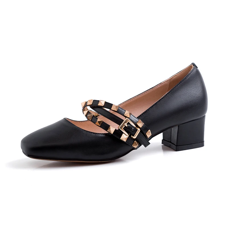 Черный British style new spring high heels shoes women's pumps genuine leather rivet Gladiator Mary Jane ladies dating shoes femme - Цвет: Черный