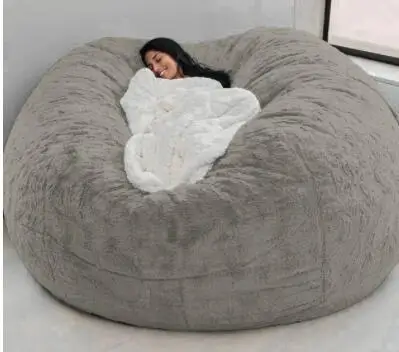 Dropshipping Giant Fur Bean Bag Cover Big Round Soft Fluffy Faux Fur BeanBag Lazy Sofa Bed Cover Living Room Furniture lightgrey 135X65cm