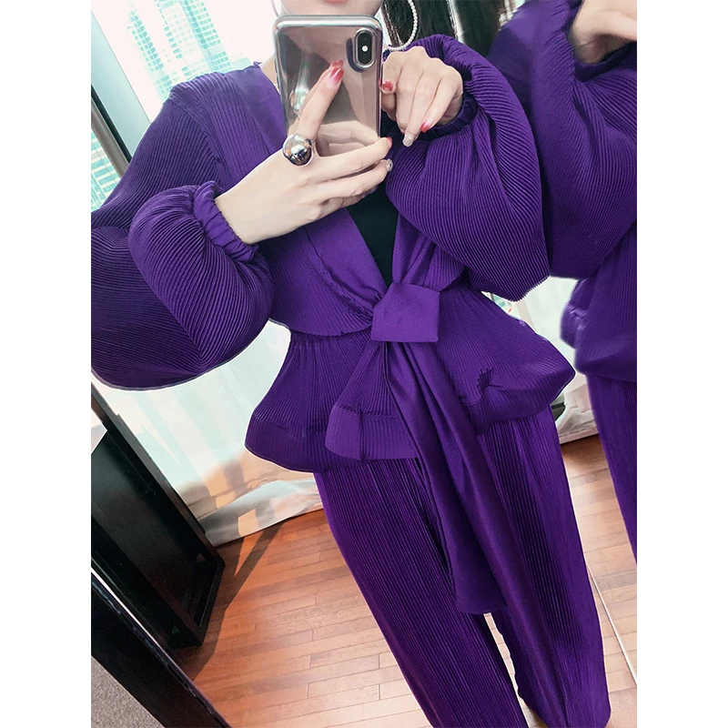 Violet Модная Однотонная рубашка с большим v-образным вырезом и длинными рукавами с эластичным поясом, Повседневная модная Свободная Женская Осенняя Новинка TC957 - Цвет: Violet