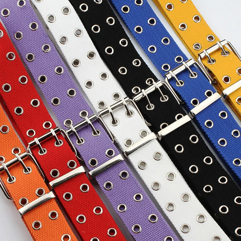 genuine leather belt Women Studded Grommet Hole 2 Row Pin Buckle Canvas Nylon Belt Waistband bulliant belt