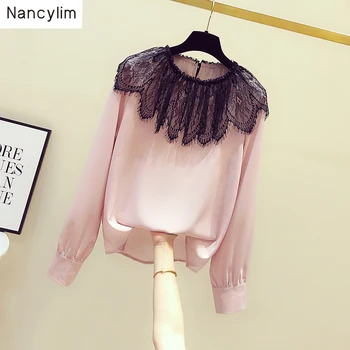 

2019 Autumn Woman Fashion New Korean Lace Stitching Circle-necked Long-sleeved Chiffon Shirt Female Leisure Pull Shirts Blouse