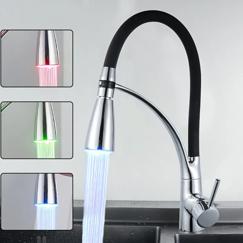 

Kitchen Faucets with Rubber Design Chrome Mixer Faucet for LED Kitchen Single Handle Pull Down Deck Mounted Crane for Sinks