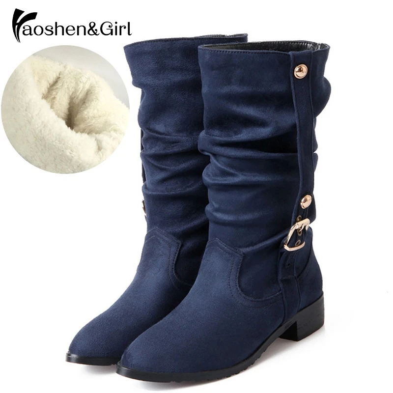

Haoshen&Girl Big Size 28-52 Shoes Women Half Snow Boots Warm Autumn Winter Riding Boot Wind Quality Leather Heels Women Botas