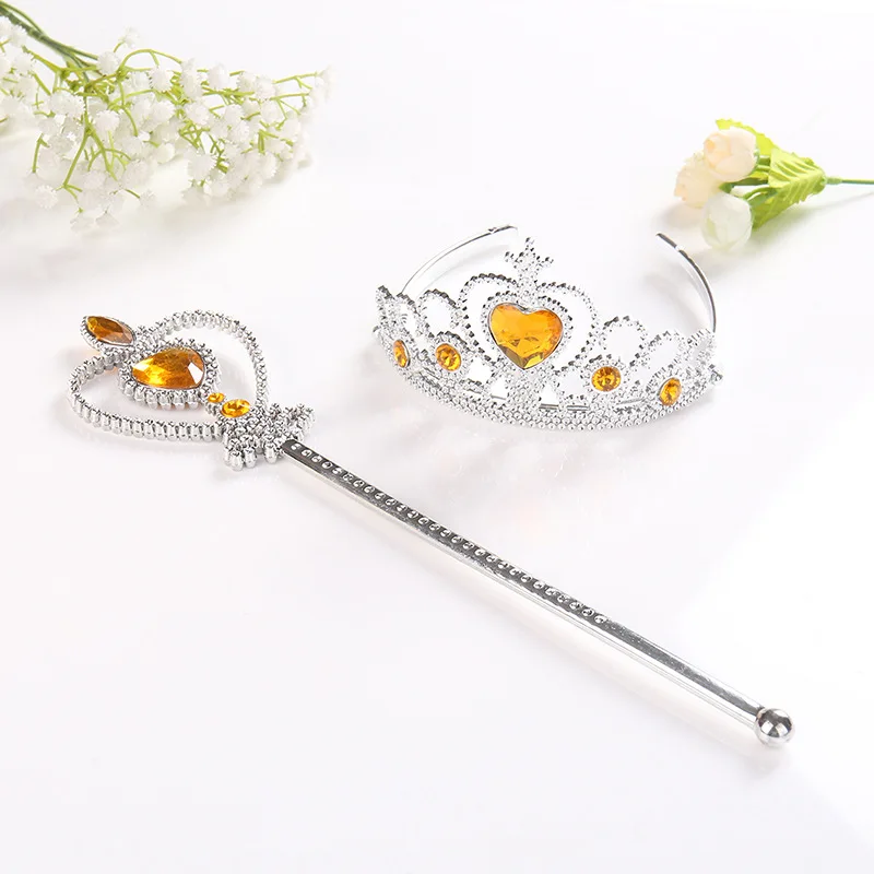 Yellow 2 Pcs Set Детский маскарадный костюм для девочек; корона принцессы Эльзы и Анны; волшебная палочка; головной убор; повязка на голову; сказочный костюм эльфа; аксессуары; реквизит; подарок - Цвет: Yellow 2 Pcs Set