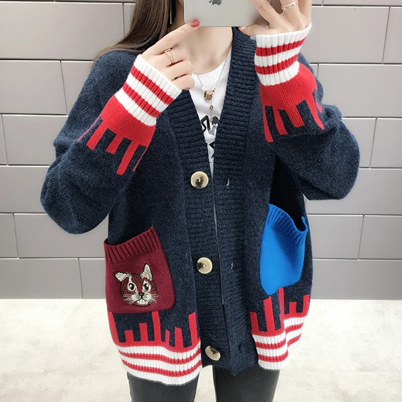 PEONFLY Kawaii вышивка мультяшного кота Свободная трикотажная куртка Женский кардиган осень зима длинный рукав женский свитер-кардиган