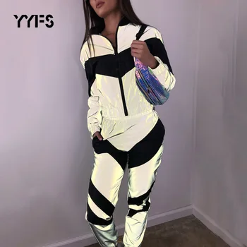 

Women Reflective Tracksuits 2 Piece Sets Flash Zip Crop Top Pants Windbreaker Lady Loose Patchwork Glow Jacket Coat Trousers XXL