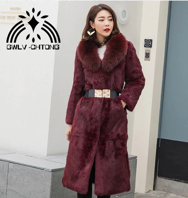 New genuine real natural rabbit fur coat with fox fur collar women fashion long jacket with belt ladies warm outwear - Цвет: Бургундия