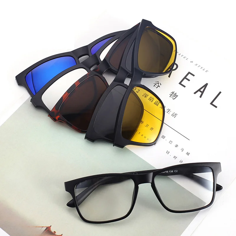 Поляризованные солнцезащитные очки для мужчин и женщин, 5 в 1, магнитные солнцезащитные очки на застежке, очки для ночного видения, УФ-оптические оправы для очков по рецепту - Цвет линз: 5 in 1