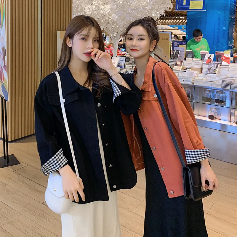 

Early Autumn 2019 New Style Retro Hong Kong Style Loose-Fit Simple-Style Plaid Stitching Long Sleeve Jeans Coat Women's