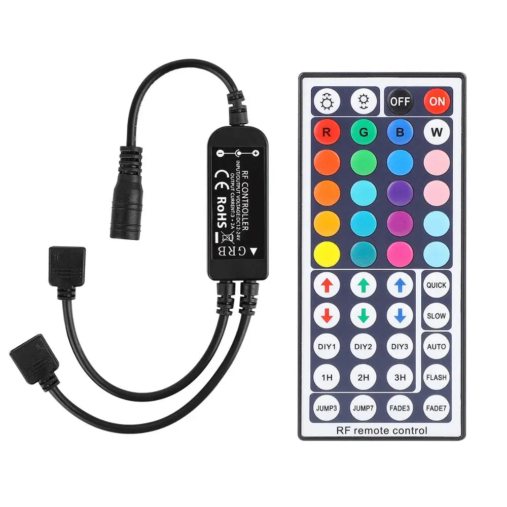 

Dual Channel RGB LED Controller Dimmer DC 12V 24V 20 Static Colors Timer 44 Keys RF Remote Controller for RGB LED Strip Lights