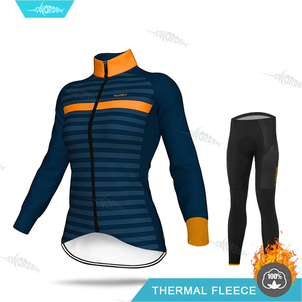 Normal Cycling Set Зимняя флисовая майка, комплект для женщин, одежда для велоспорта, одежда с длинными рукавами, профессиональная команда, для верховой езды, теплая флисовая, MTB, гелевая накладка, комплект брюк - Цвет: Normal Cycling Set
