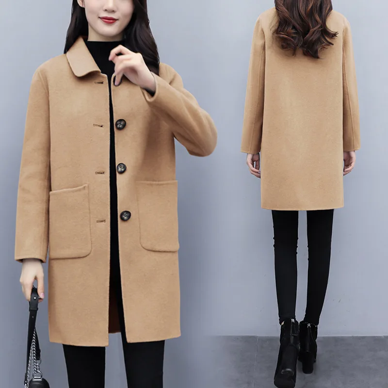 Goede 2019 nieuwe herfst winter fashion vrouwen kleding solid color button jas lange mouwen Wol   Blends vrouwelijke