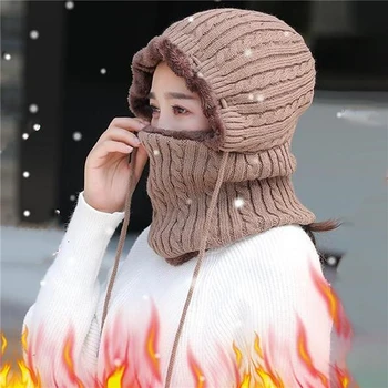 

Winter Fur Knitted Scarf Hat Set Beanie Women Men Scarf Skullies Beanies Hats For Unisex Caps Gorras Bonnet Mask One-piece Cap