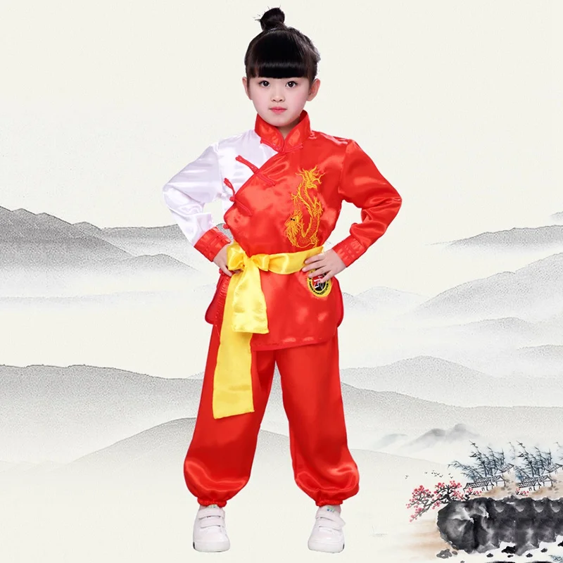 Red Long Set Новая детская одежда кунг-фу ушу Китайская традиционная одежда с вышитым драконом форма для кунгфу костюм для тайчи Детский костюм Тан - Цвет: Red Long Set