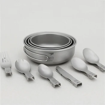 

Outdoor Pots 4 Bowls 6 Tableware Camping Cookware Picnic Cooking Set Titanium Tableware With Foldable Spoon Fork Knife Ti5374