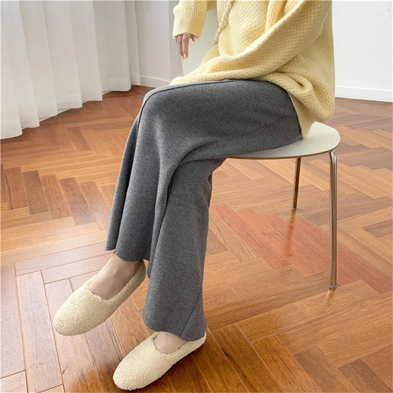 BGTEEVER Winter Buttons Lace-up Knitted Pants Women High Waist Women Sweater Pants Casual Loose Knitting Trousers Female