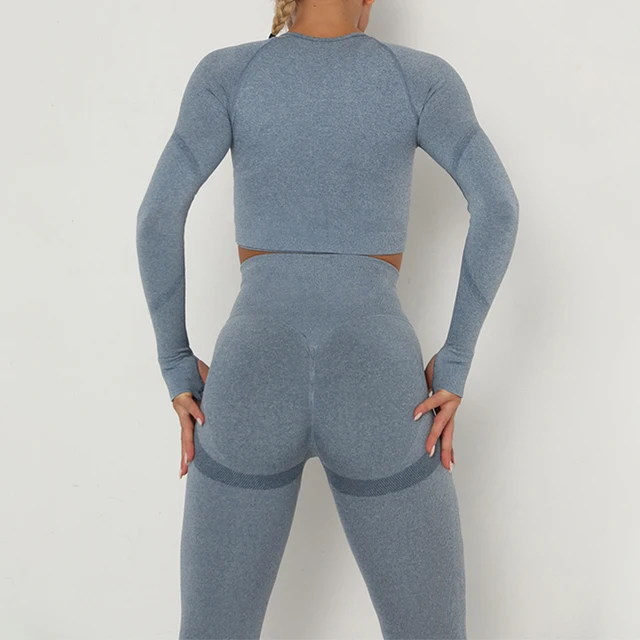 Women Sport Suit Yoga Clothing Set Workout Gym Long Sleeve Fitness Crop Top + High Waist Seamless Energy Workout Leggins 6