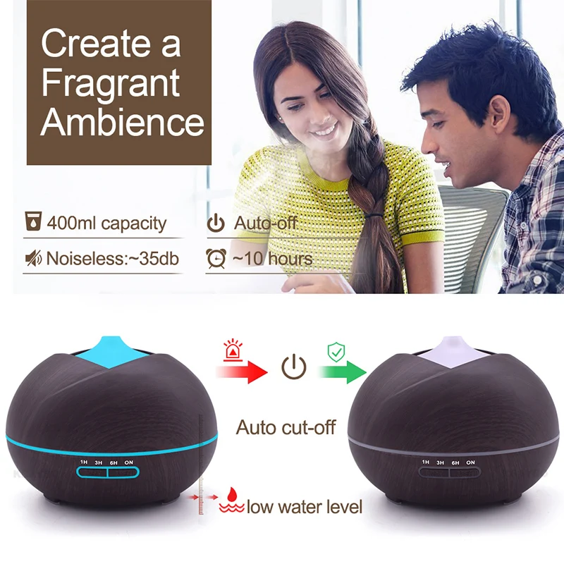 KBAYBO 400ML Wood grain air humidifier ultrasonic electric aromatherapy essential oil purification diffuser with LED light
