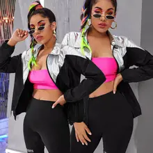 Женская Осенняя спортивная куртка черного и серебристого цвета с строчкой, приталенная ветровка на молнии в стиле панк, свободное короткое пальто в стиле пэчворк, куртка, повседневные топы