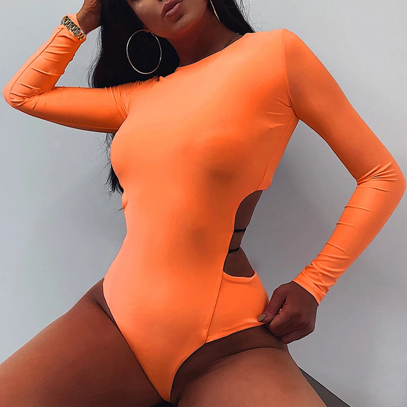 Bodycon Sexy Neon Orange Bodysuits Women Autumn 2020 Long Sleeve Solid Winter Basic Body Suit Female O Neck Black mesh bodysuit
