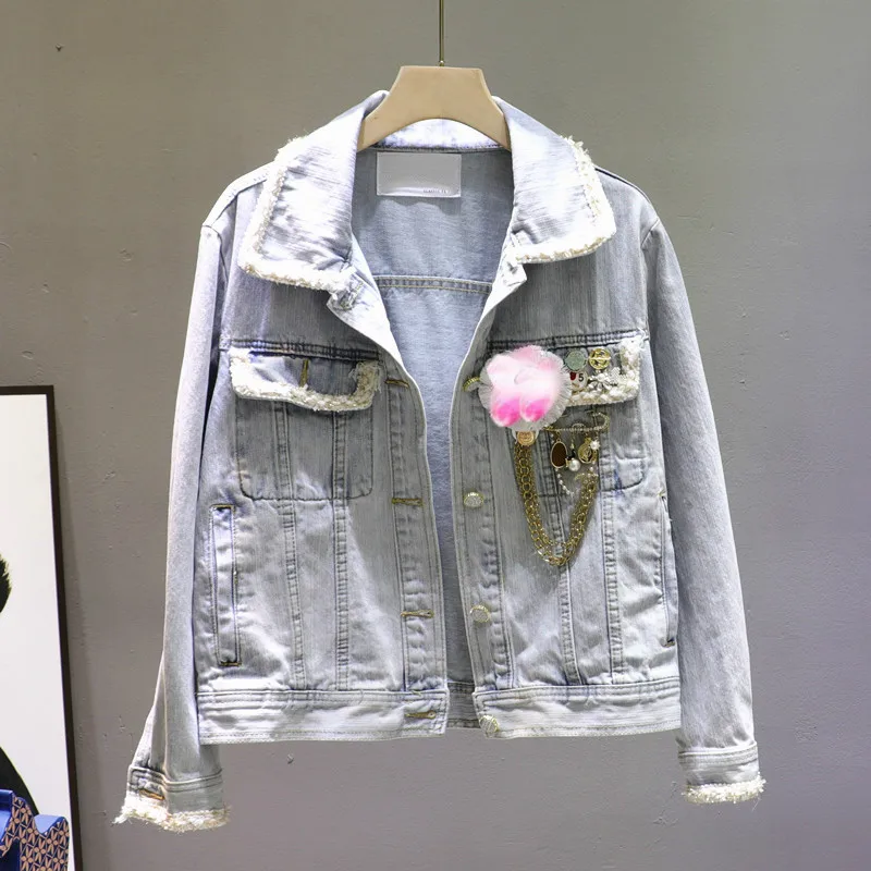 

Spring/Autumn New Korean Cowboy Tops Girls Three-dimensional Decorative Long-Sleeved Denim Coat Women's Short Students Jackets