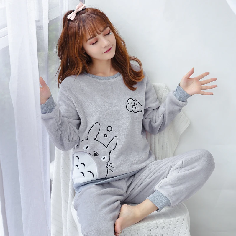 

korean Flannel Warm Pajamas for Women Long Sleeve Home Suit Ladies sleepwear cartoon Velvet Pajama set Thick Feminino Pyjamas