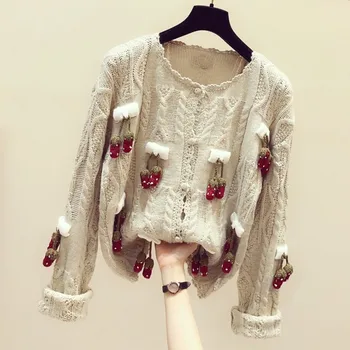 

Strawberry Embroidered Knitted Cardigan Women Leisure Sweater Coat Autumn Winter Apricot Knit Cardigans Jacket Basic Sweaters