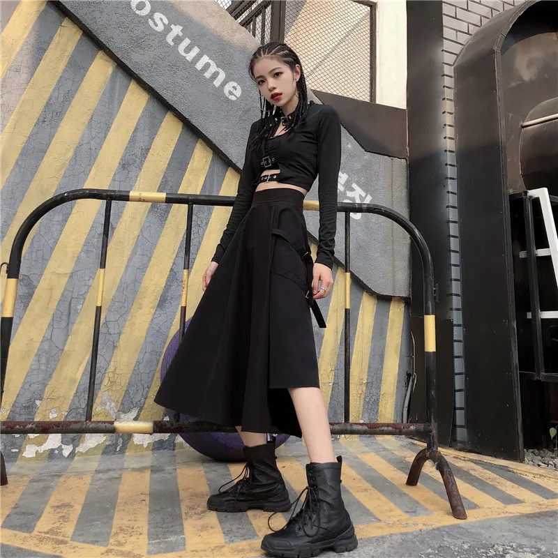 black Kpop Blackpink lisa та же Корейская летняя свободная мини-юбка в стиле ретро женская уличная ассиметричный, с высокой талией оснастка юбка женская одежда - Цвет: black