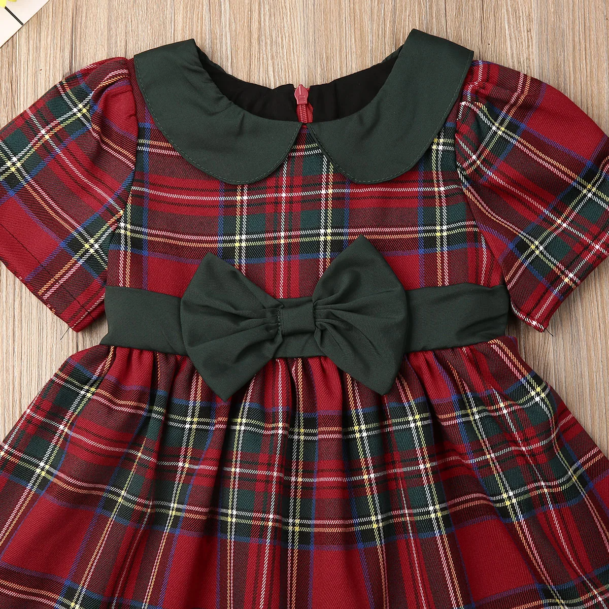 Merry Christmas Baby Girls Dress Cute Double Bow Plaid Party Dresses For Girls Toddler Kids Princess Short Sleeve Costumes