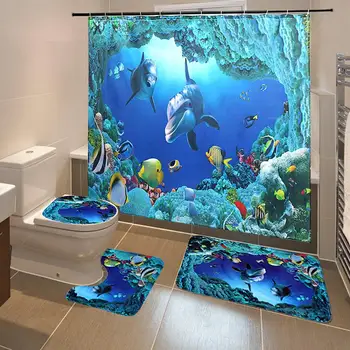 

3D Ocean Dolphin Shower Curtain Waterproof Toilet Cover Lid Bath Curtain Floor Mat For Bedroom Decor