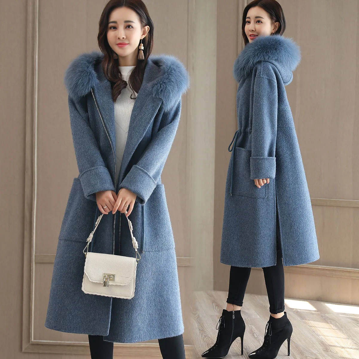

Drawstring Waist Hugging Fashion Slimming Solid Color Versatile Korean-style Elegant 2019 Winter Woolen Jacket Overcoat Women's