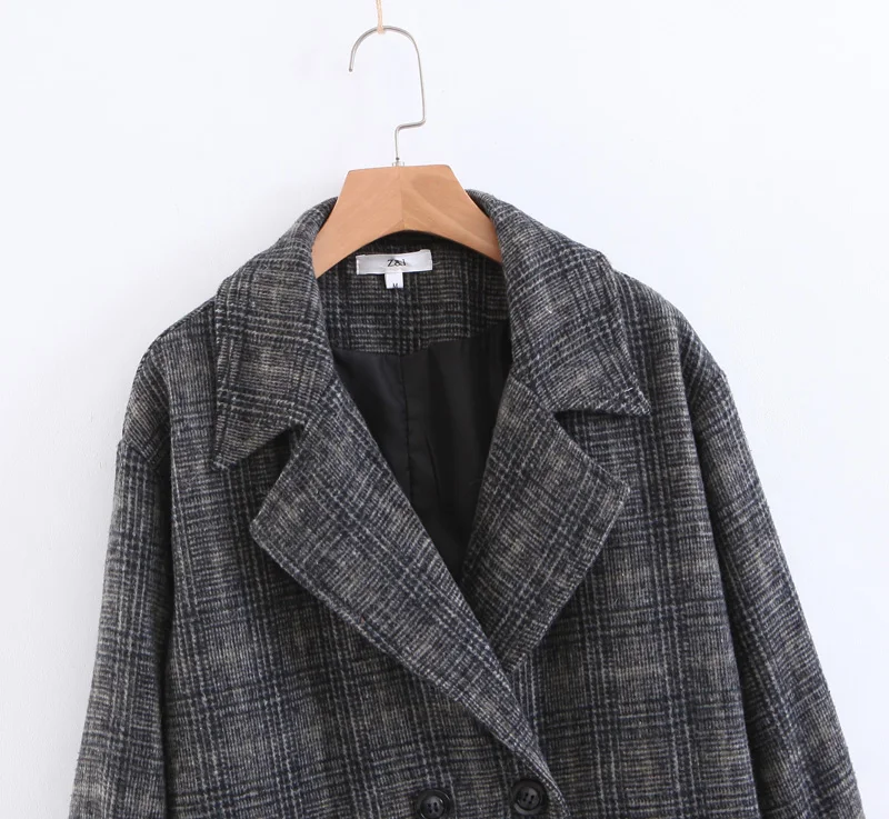 Women Winter Fashion Thicken Warm Loose Outerwear Vintage Plaid Long Coats Ladies Khaki Double Button Slim Tweed Jackets