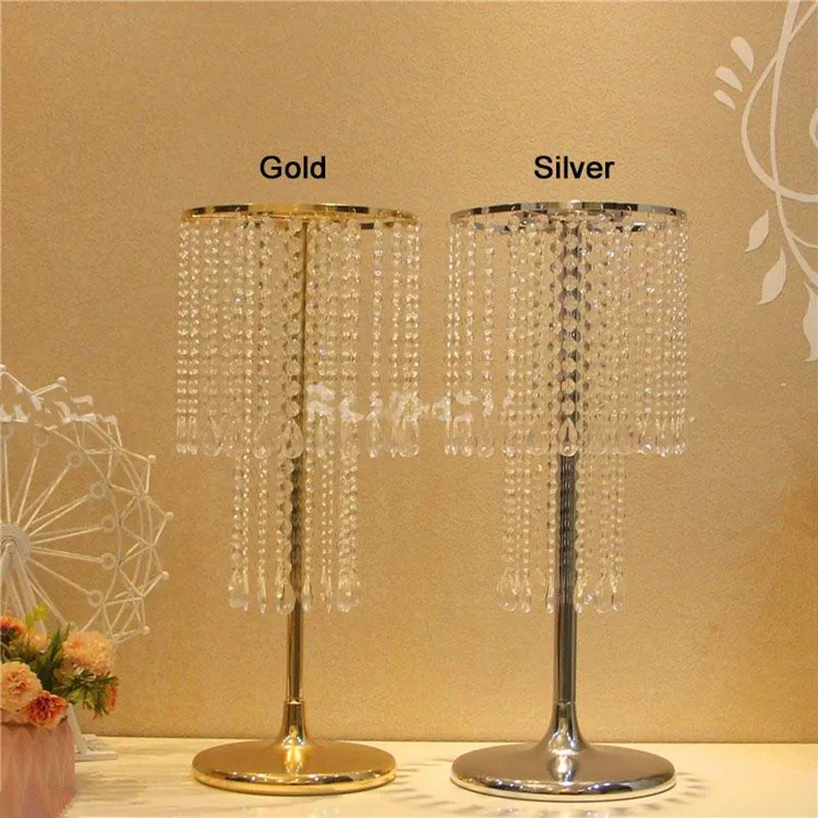 Gold Silver plated Wedding Centerpiece Acrylic Bead Strands 60cm Tall Acrylic Crystal Flower Stand For Wedding Table Decor