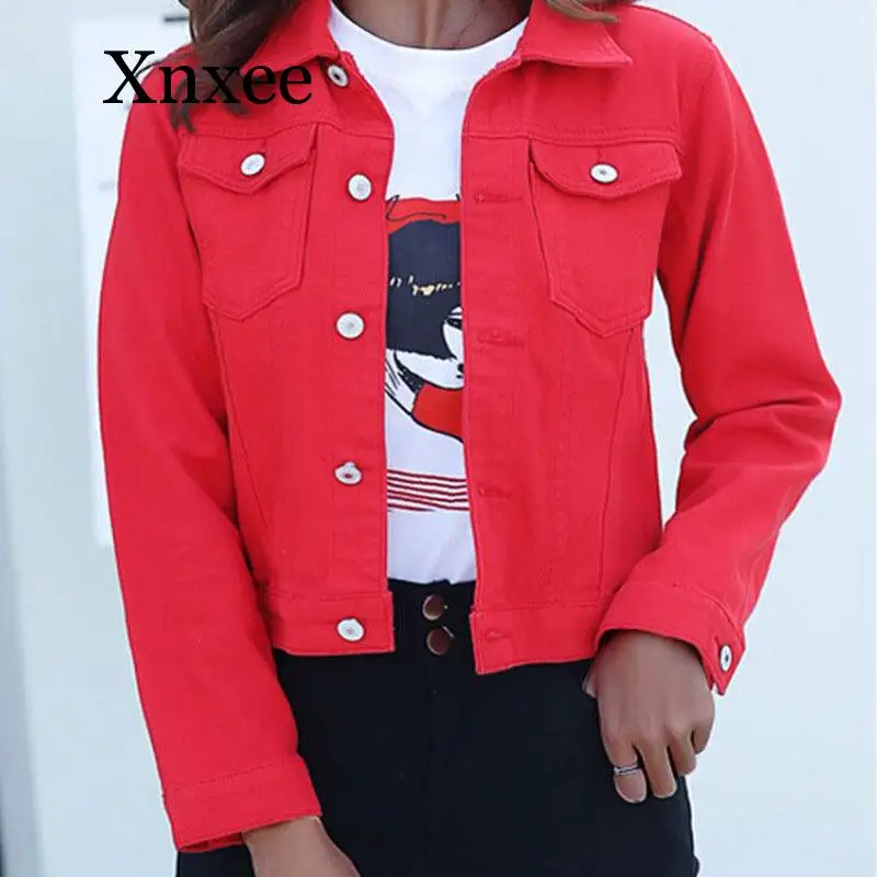 

Jeans Jacket Women Spring Autumn Hand Brush Long Sleeve Stretch Short Denim Jacket White Pink Coats short denim red green