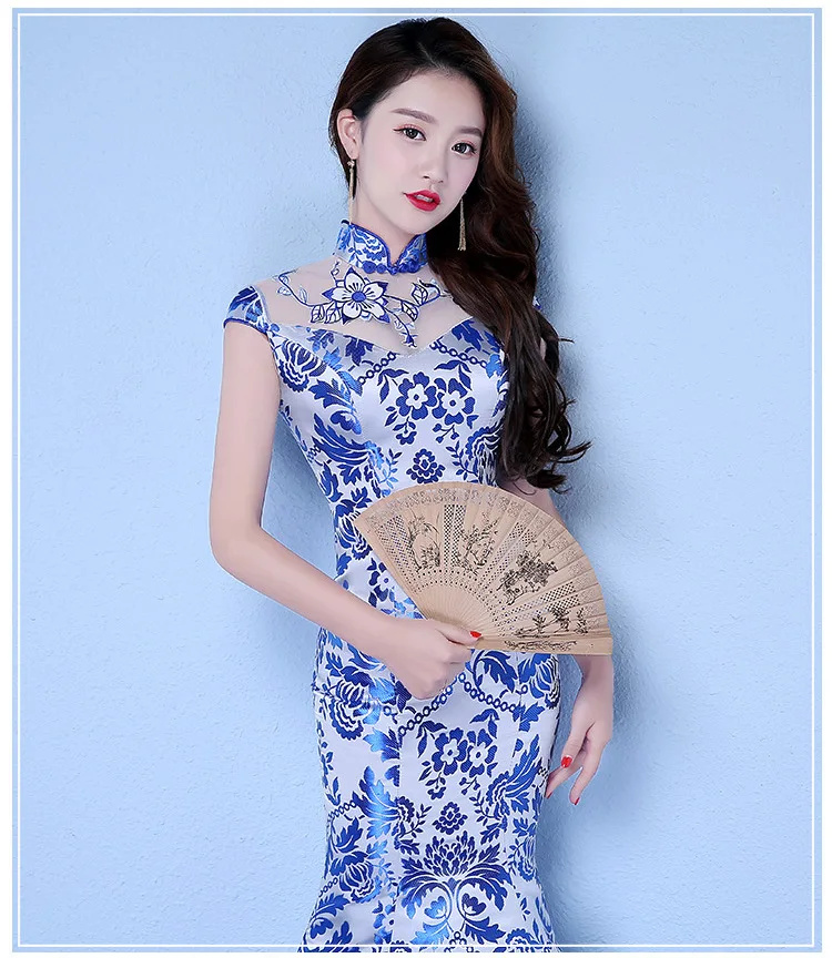 Китайское Qipao элегантное традиционное печатное женское узкое вечернее праздничное платье Сценическое представление Cheongsam