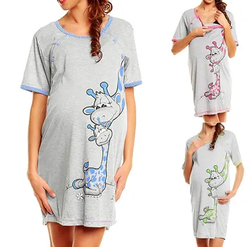

Maternity Dress Short Sleeve Cartoont Giraffe Print Women Pregnant Clothes Nightgown Pregnancy Breastfeeding Dresses Loose
