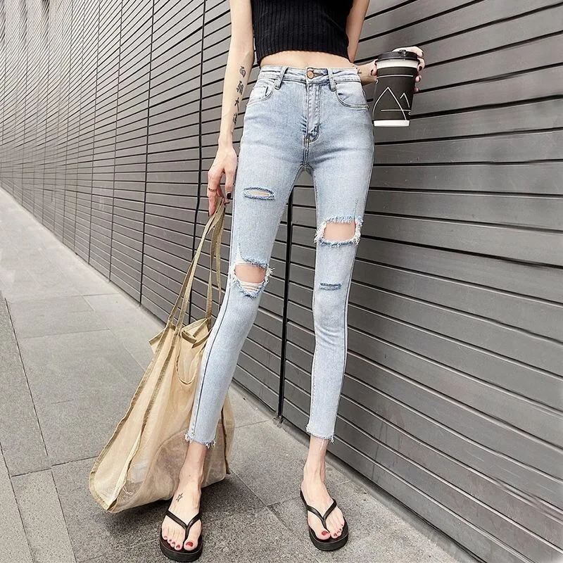 

Skinny Slim Jeans for Women High Waist Jeans Ripped Distressed Light Blue Denim Pencil Pants Stretch Woman Jeans Casual Pants