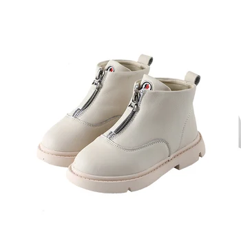 

fashionable children snow boots British style kids Genuine Leather zipper Martin boots pure Black Beige size 26-37