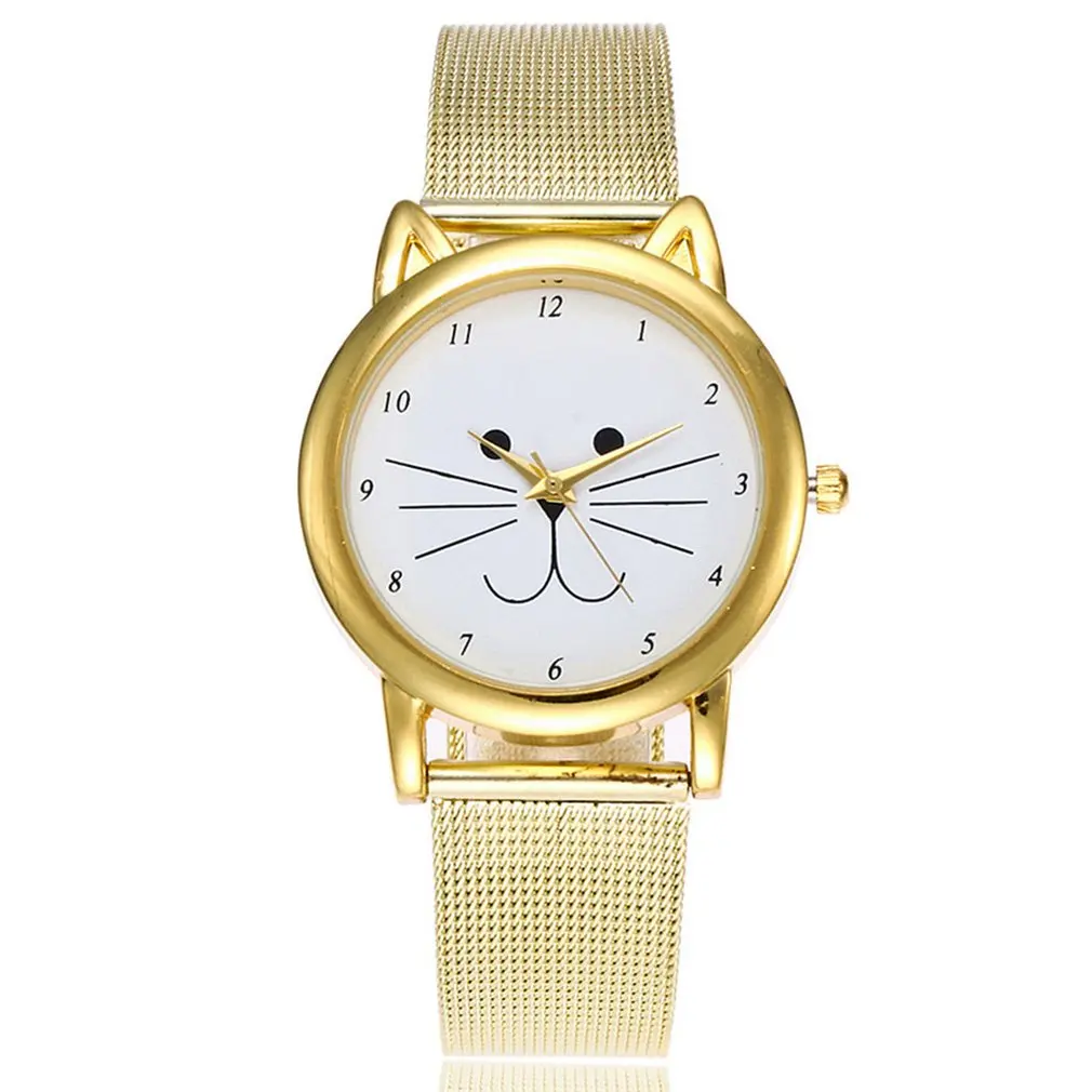 

Children's Quartz Watch Kitty Cat Shape Case Print Round Dial Steel Mesh Strap Precise Lovely Sweet Gift Exquisite Workmanship