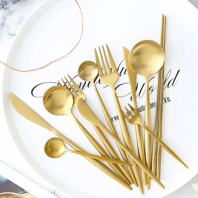 

Gold Cutlery Set Forks Knives Spoons 18/10 Stainless Steel Dinner Dinnerware Set Fork Spoon Knife Chopsticks Set Dropshipping