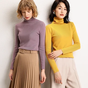

2019 New High quality pure cashmere sweater pullover high collar turtleneck sweater turn-down collar solid color women's